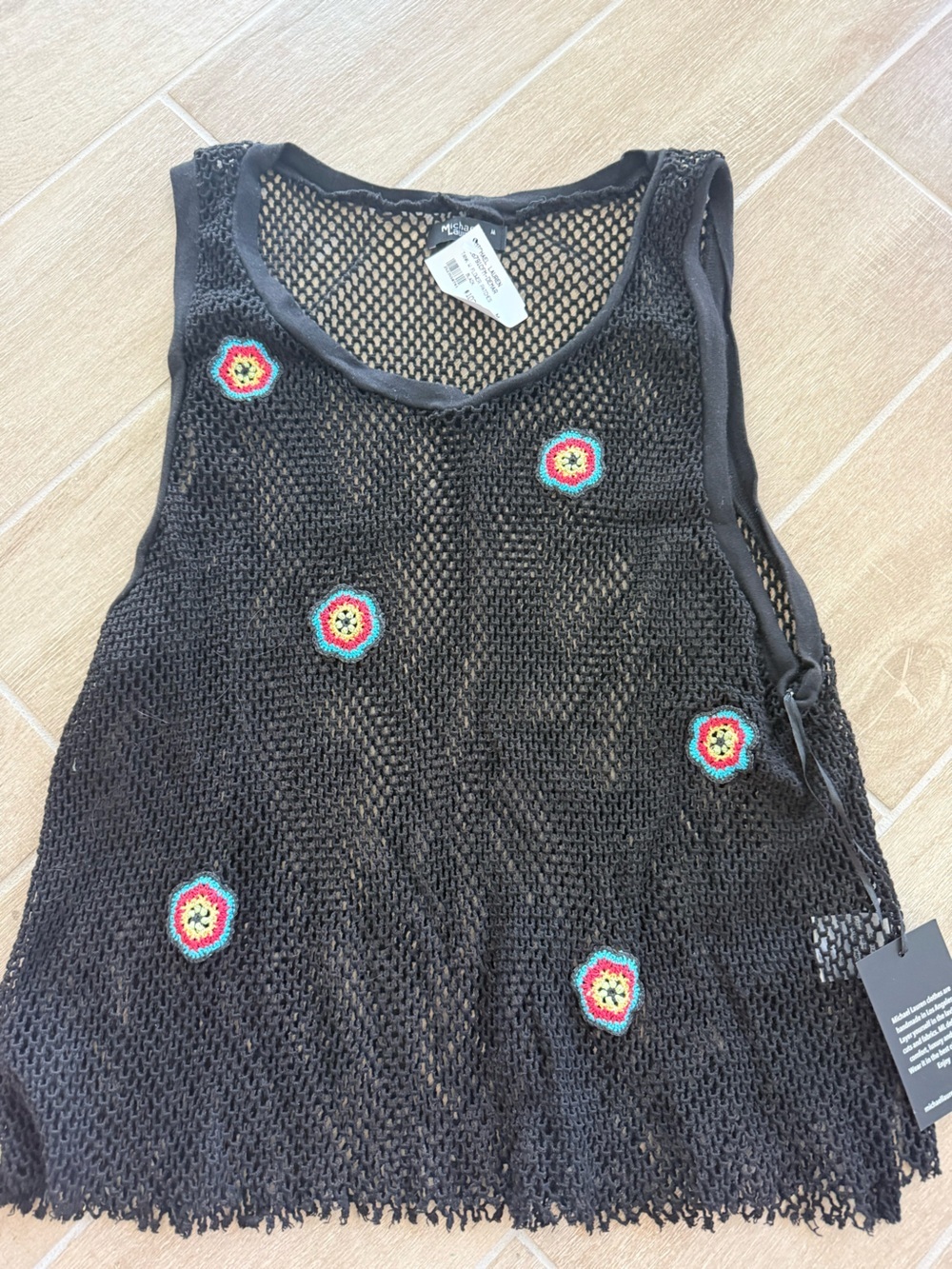 NWT Michael Lauren Black Crochet Tank Top with Colorful Floral Accents